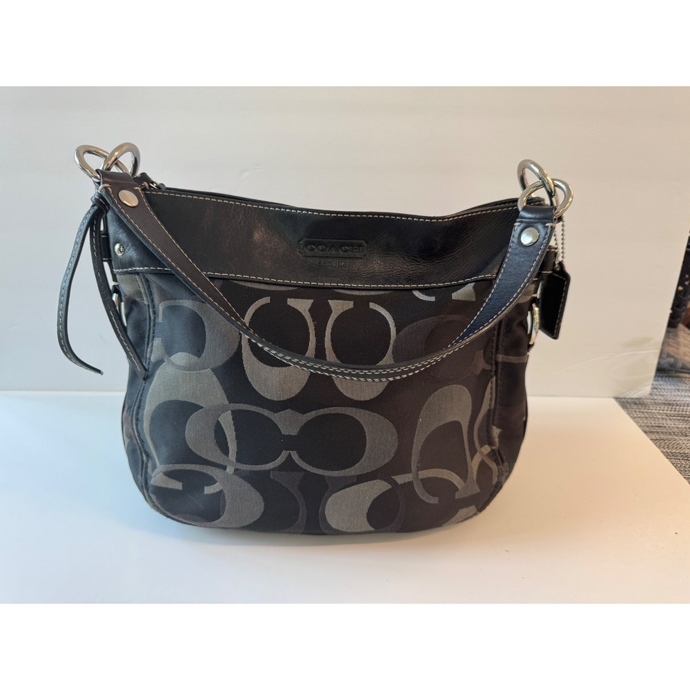 Vintage Coach Large Zoe Hobo Black Grey Canvas Leather Trim w dust bag